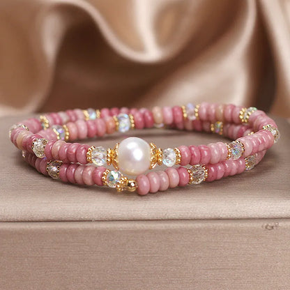 Natural colour hair crystal bracelet with red rhodochrosite double circle, pearl and chalcedony lotus seedpod pendant for women