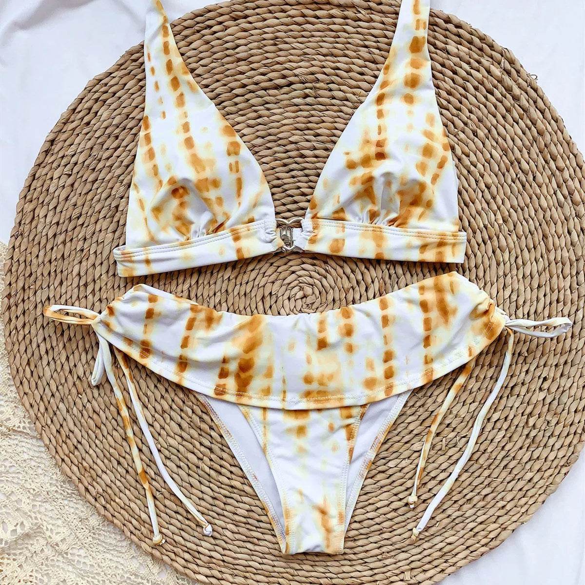 Women's printed bikini swimsuit with ruffle detail in white and yellow