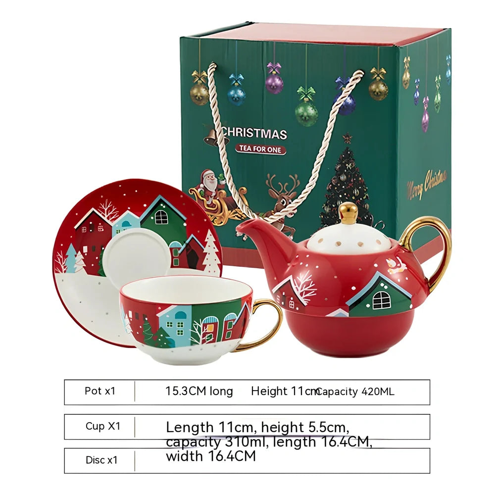 Christmas ceramic cup and saucer set with spoon featuring festive patterns and porcelain construction