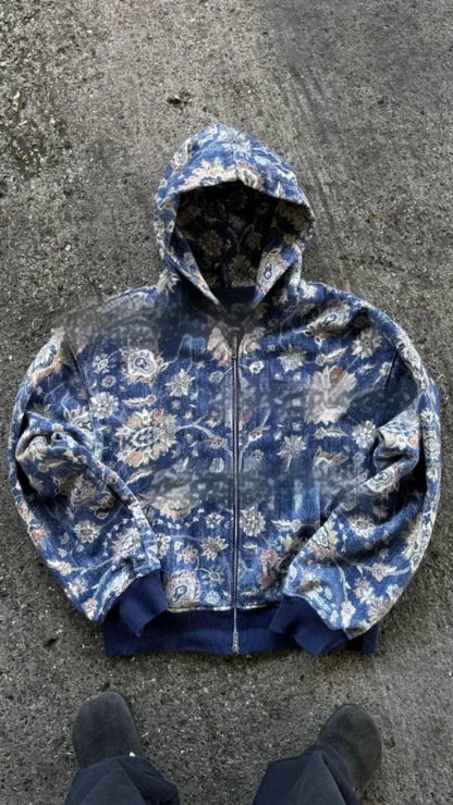 Men's blue loose-fit zip hooded coat casual jacket on a hanger