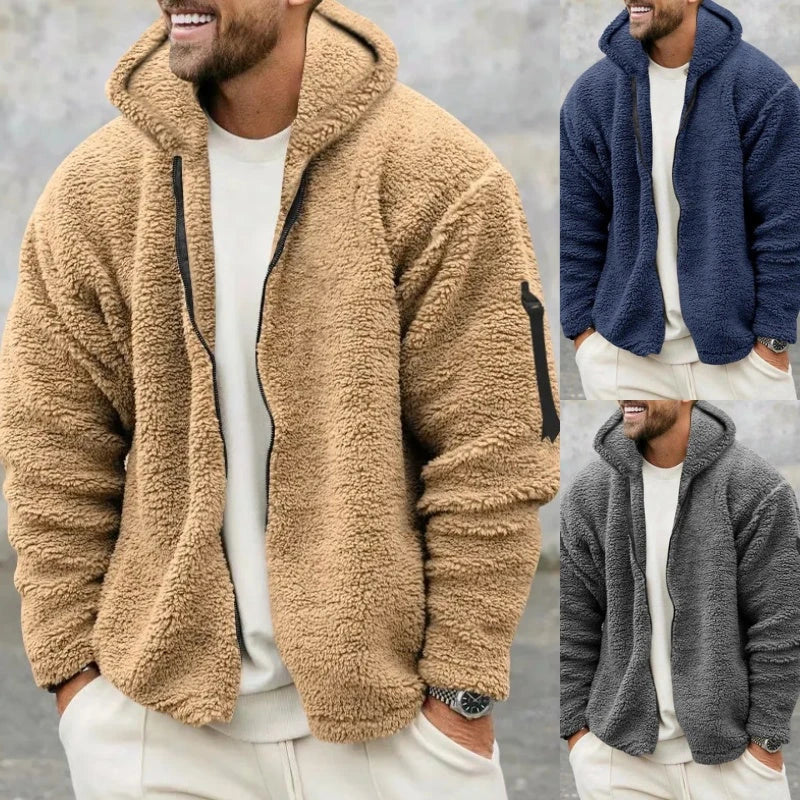 Cozy hooded fleece jacket in a variety of classic colors for men's autumn and winter wear