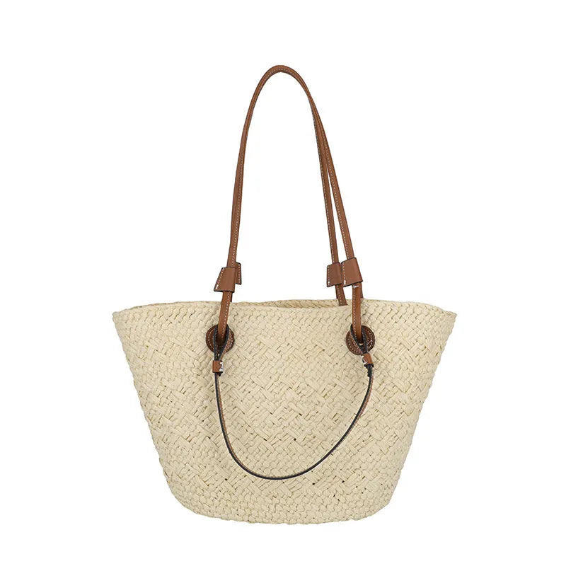 Large capacity woven shoulder bag in retro style with dual carrying options