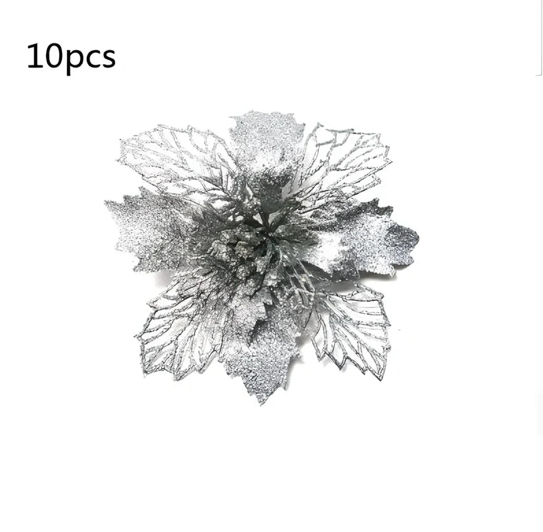 Glitter artificial Christmas flowers measuring 11cm with sparkling coating in various colour options