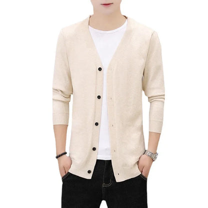 Men's thick slim fit cardigan knit jacket, long sleeve polyester, sizes M to 5XL, beige black navy blue