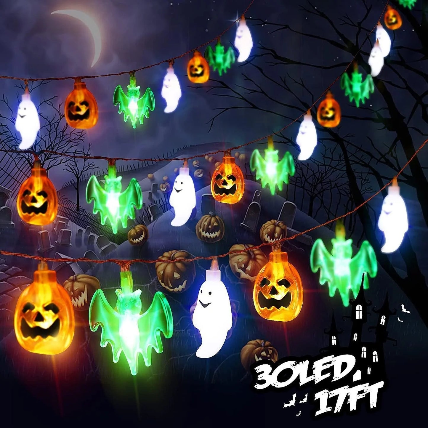 LED Halloween string lights with pumpkin, spider, bat, and skull designs for indoor and outdoor decor