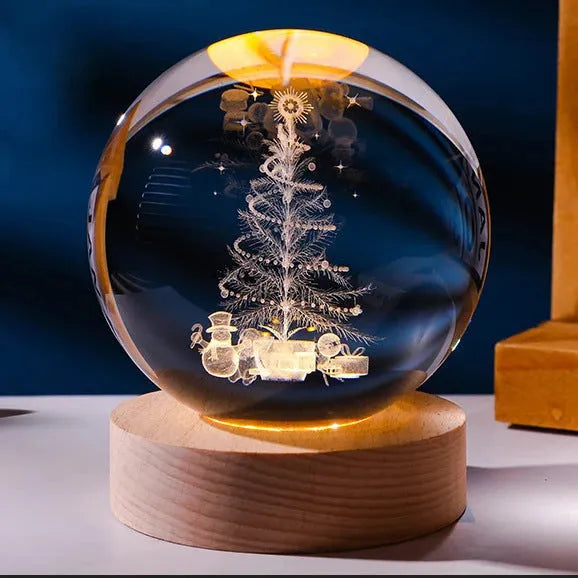 Crystal ball night light projecting 3D starry sky and planets with solid wood base