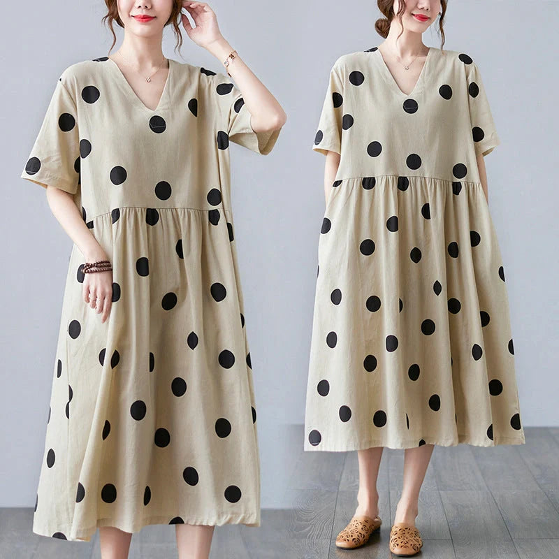 Loose-paneled cotton and linen V-neck short-sleeved dress in apricot, perfect for summer