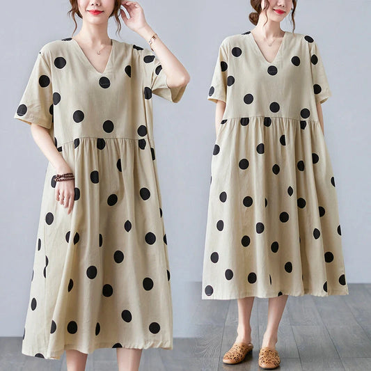 Loose-paneled cotton and linen V-neck short-sleeved dress in apricot, perfect for summer