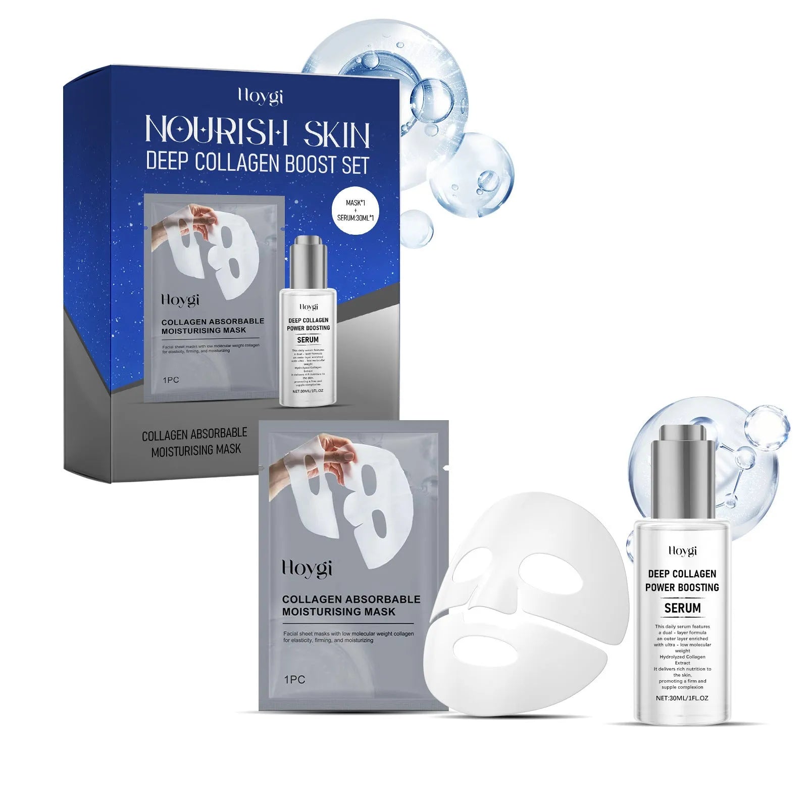 Collagen moisturising facial mask kit with 30ml essence serum bottle