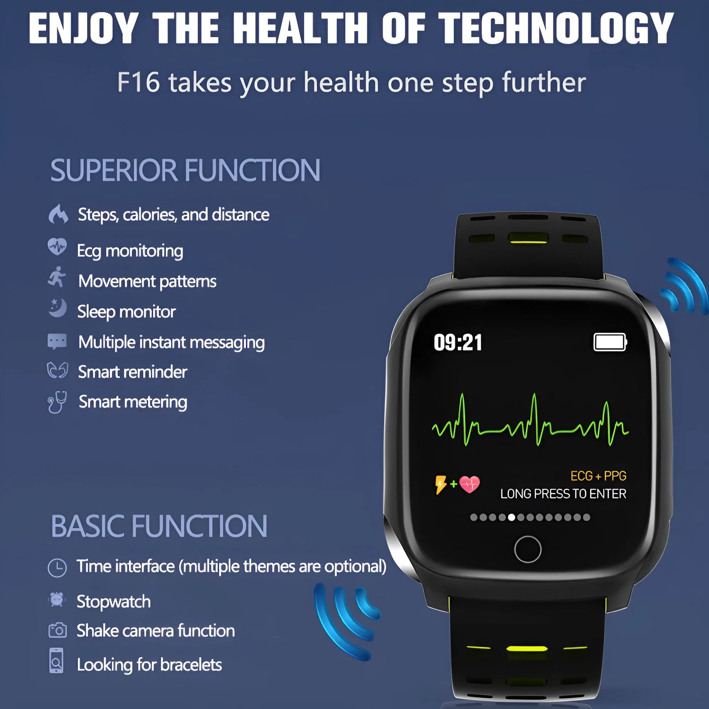 F16 smart watch with silicone band showing ECG and heart rate display on wrist.