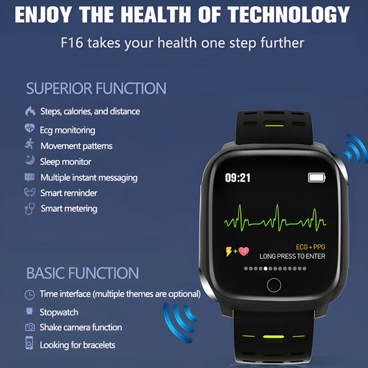 F16 smart watch with silicone band showing ECG and heart rate display on wrist.