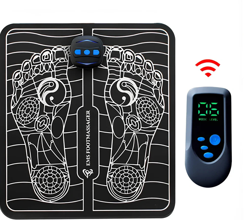 Black remote control EMS foot massage machine with wireless operation and USB charging port