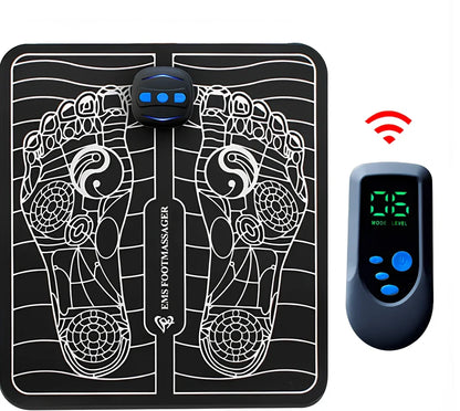 Black remote control EMS foot massage machine with wireless operation and USB charging port