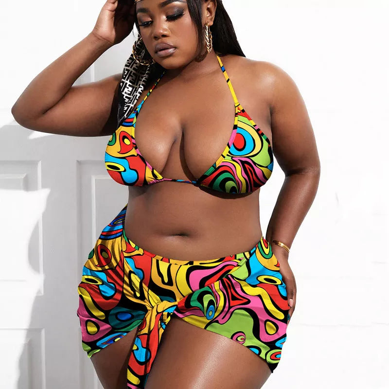 Women's bikini swimwear set with skirt in vibrant colors, sizes XL to XXXXL