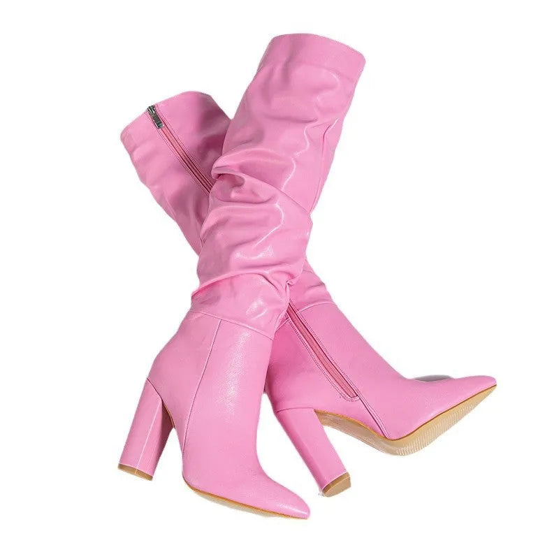 Women's pointed toe high heel boots with side zipper in white and pink colour options