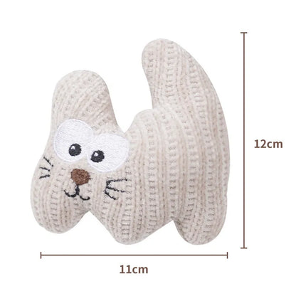 Cyan knitted plush cat toy with bell and organic catnip filling for cats to chew and play with.