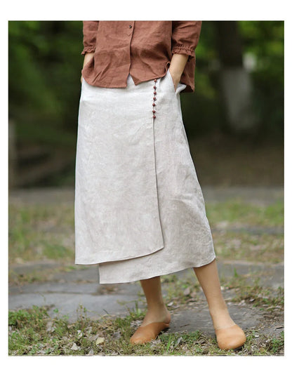 Artistic linen skirt with unique stitching in hemp color, perfect for retro and literary style outfits.