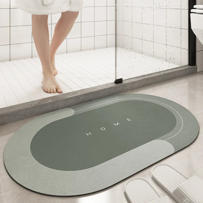 Plush bath mat with rectangle or oval design in various colors and sizes for bathrooms with sliding doors