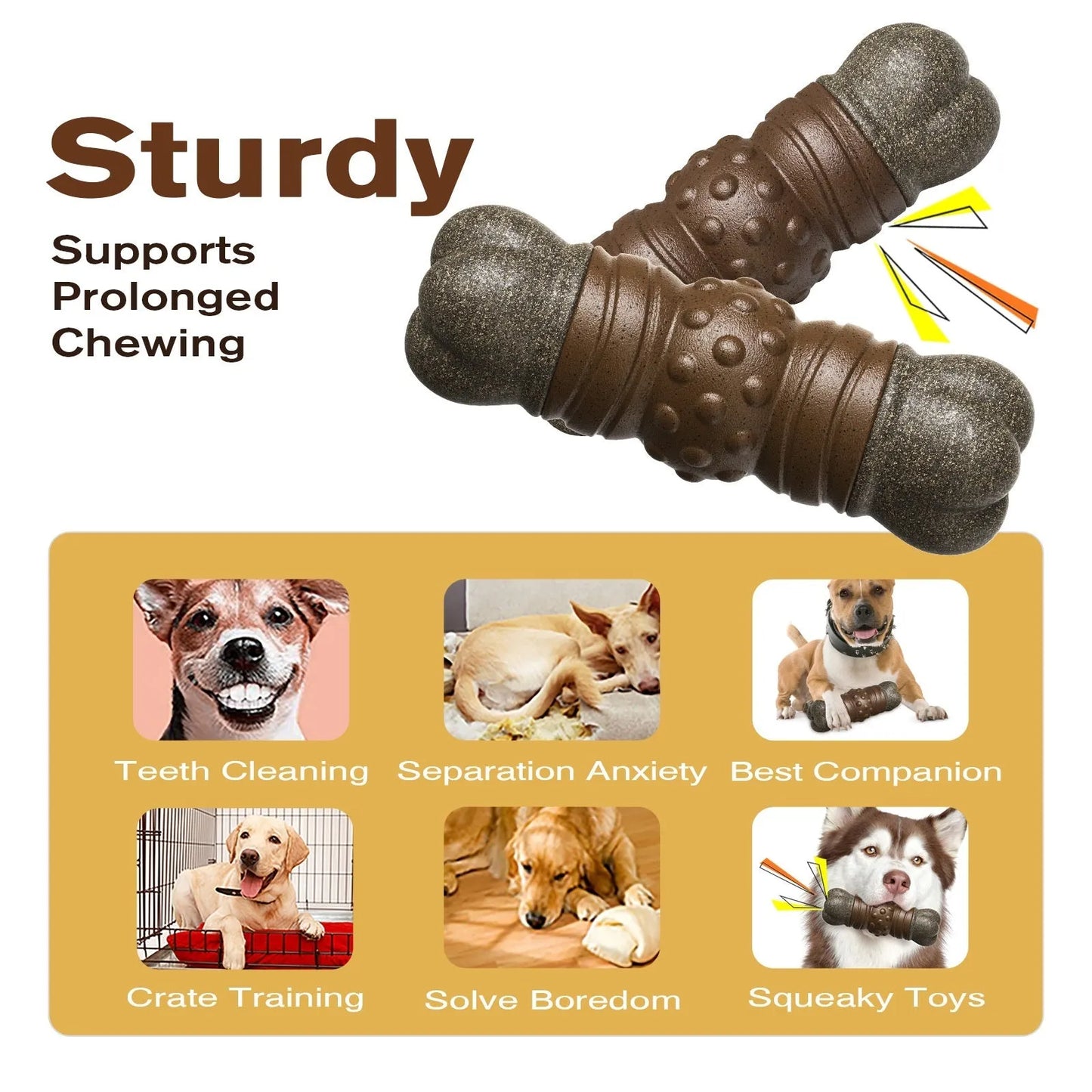 Wood-coloured plastic dog dental chew toy with textured surface for plaque control