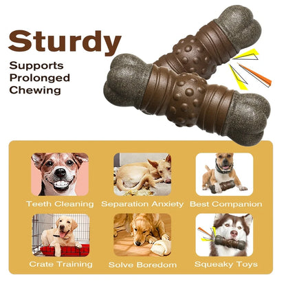 Wood colour plastic dog dental toy with textured surfaces measuring 15cm long for canine oral hygiene