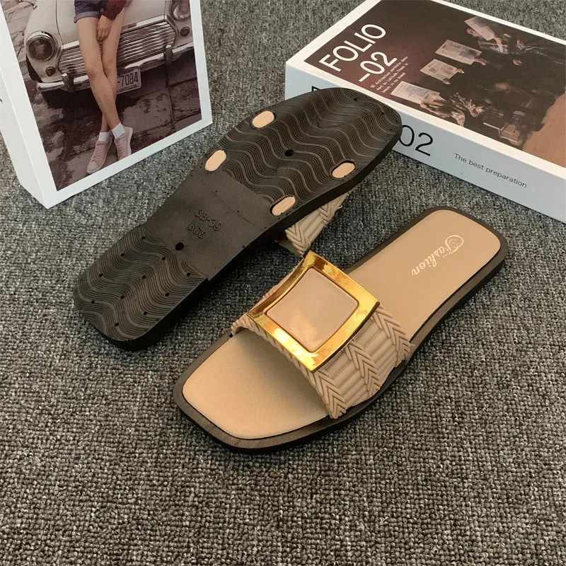 Women's summer flat slippers in apricot, black, and khaki colours with PVC non-slip soles