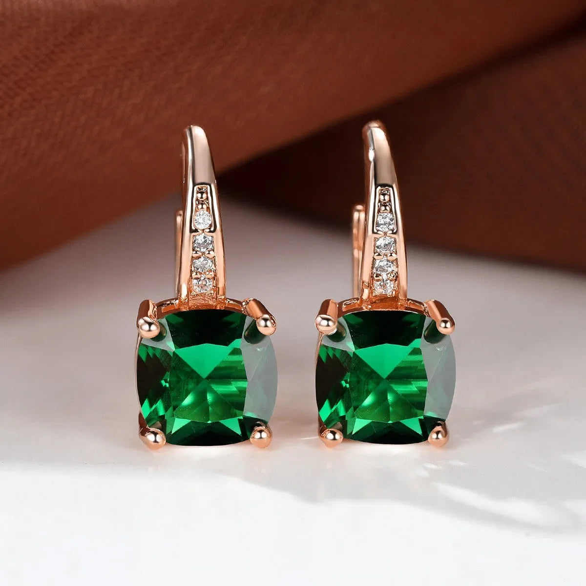 Square zircon inlaid ear hook earrings with geometric design and electroplated finish in golden tone