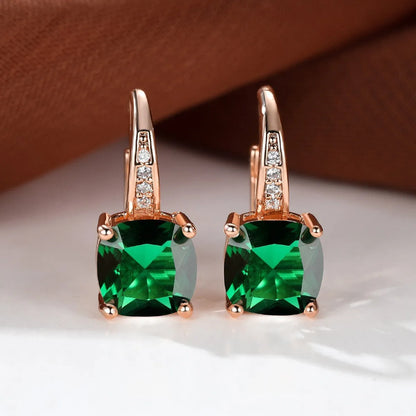 Square zircon inlaid ear hook earrings with geometric design and electroplated finish in golden tone