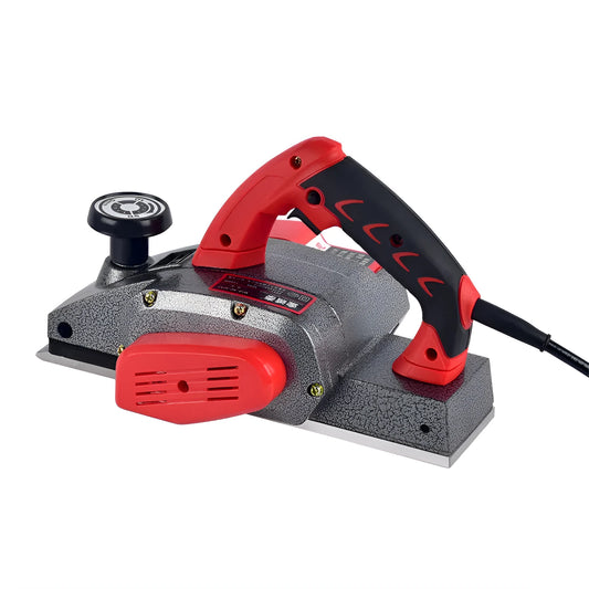 Red desktop electric wood planer with aluminium shell showing 82mm planing width
