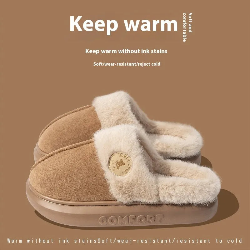 Thick-soled fleece indoor slippers with non-slip PVC sole in various colours
