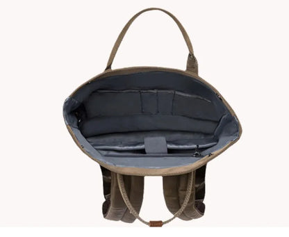 Casual polyester backpack with cover opening showing internal computer pocket and zippered compartment