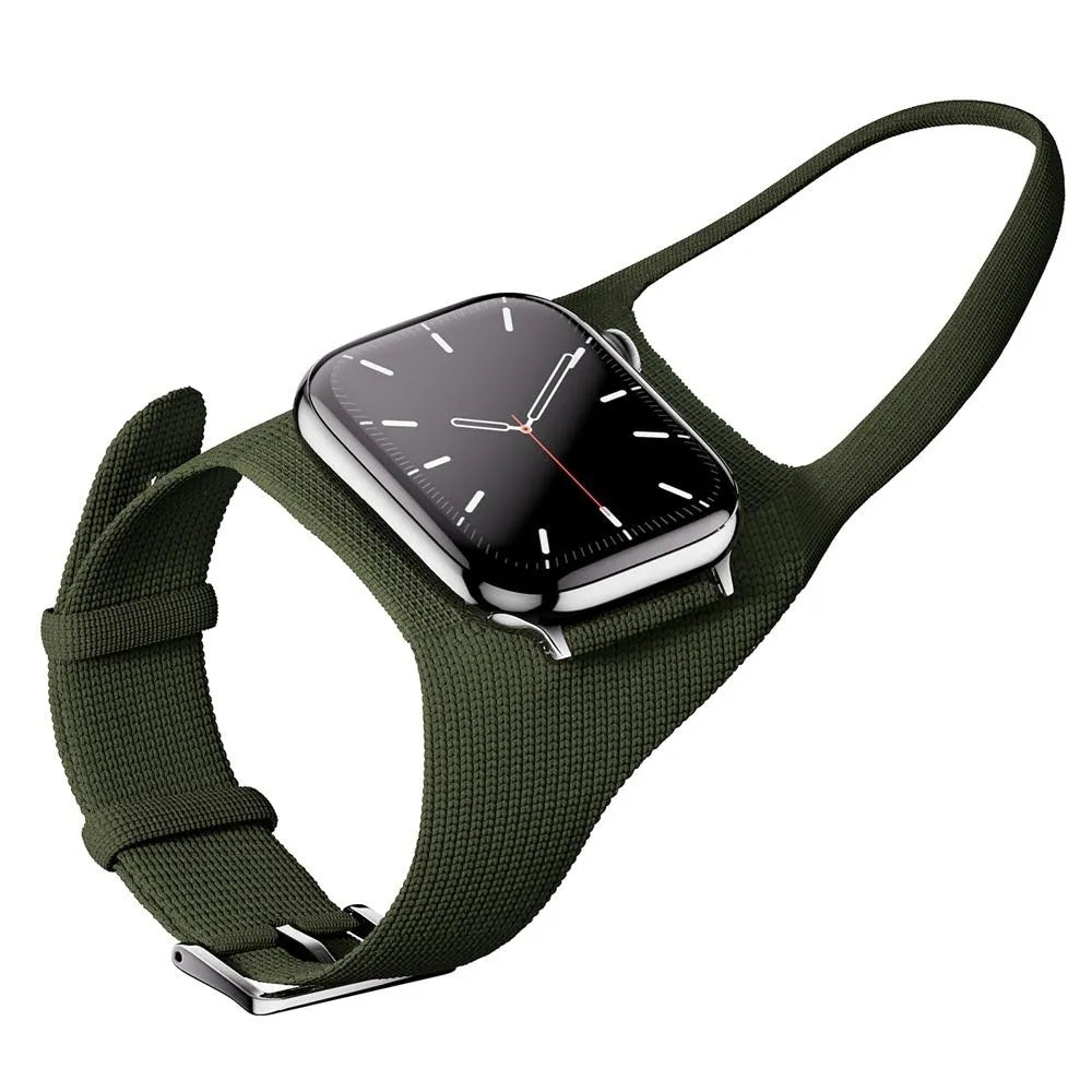 Nylon knitted rider wrist strap for Apple Watch in Army Green, Wine Red, Blue, or Black, sizes 38-42mm and 42-49mm