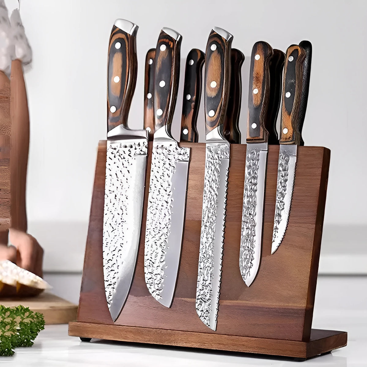 Solid wood magnetic knife holder in natural wood colour, wall mounted kitchen storage rack for knives