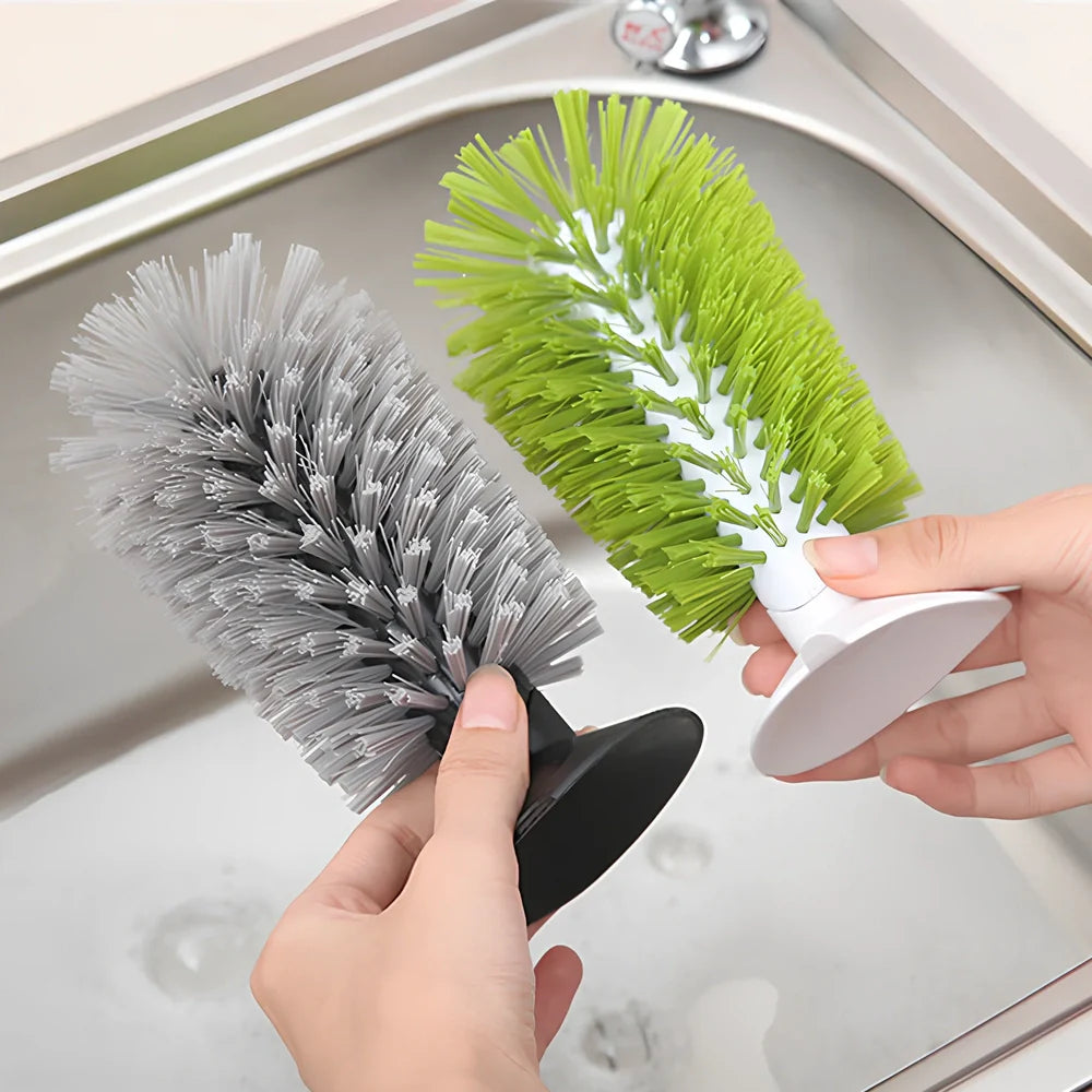 Grey suction cup kitchen brush, 16.5cm long with PV bristles for cup scrubbing, 0.132kg PP+PV+TPR build