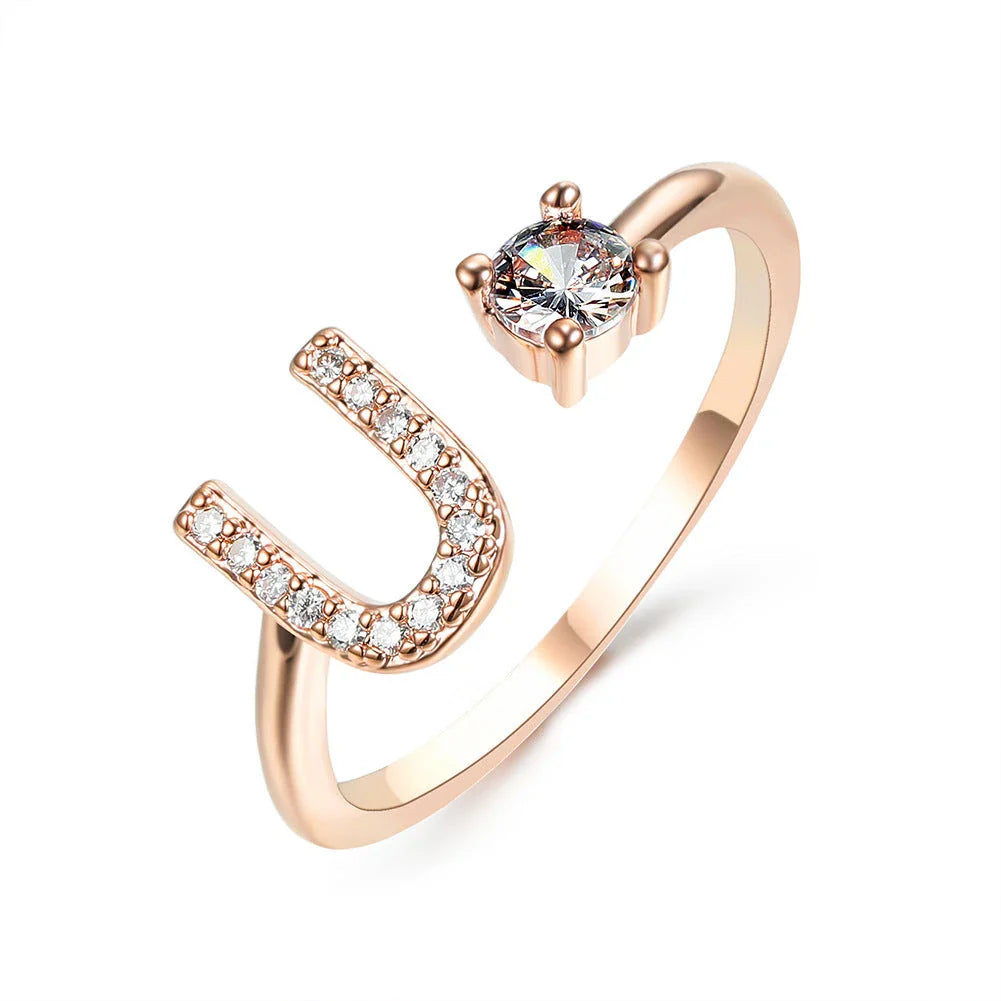 Personalized Initial Letter Adjustable Ring made of copper alloy and zircon, showcasing a vintage-inspired design