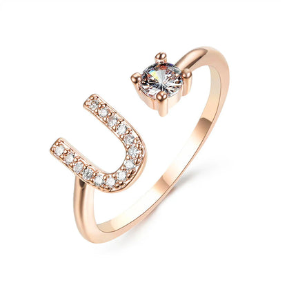 Personalized Initial Letter Adjustable Ring made of copper alloy and zircon, showcasing a vintage-inspired design