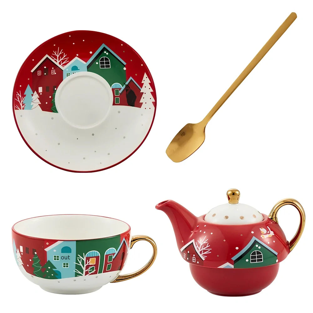 Christmas ceramic cup and saucer set with spoon featuring festive patterns and porcelain construction