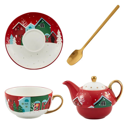 Christmas ceramic cup and saucer set with spoon featuring festive patterns and porcelain construction
