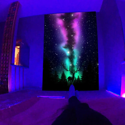 Fluorescent tapestry with psychedelic mushroom pattern glowing under UV light, measuring 150x130cm