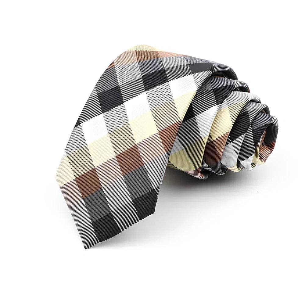 Men's 6cm skinny plaid polyester tie, 145cm length, in various patterns for casual professional look