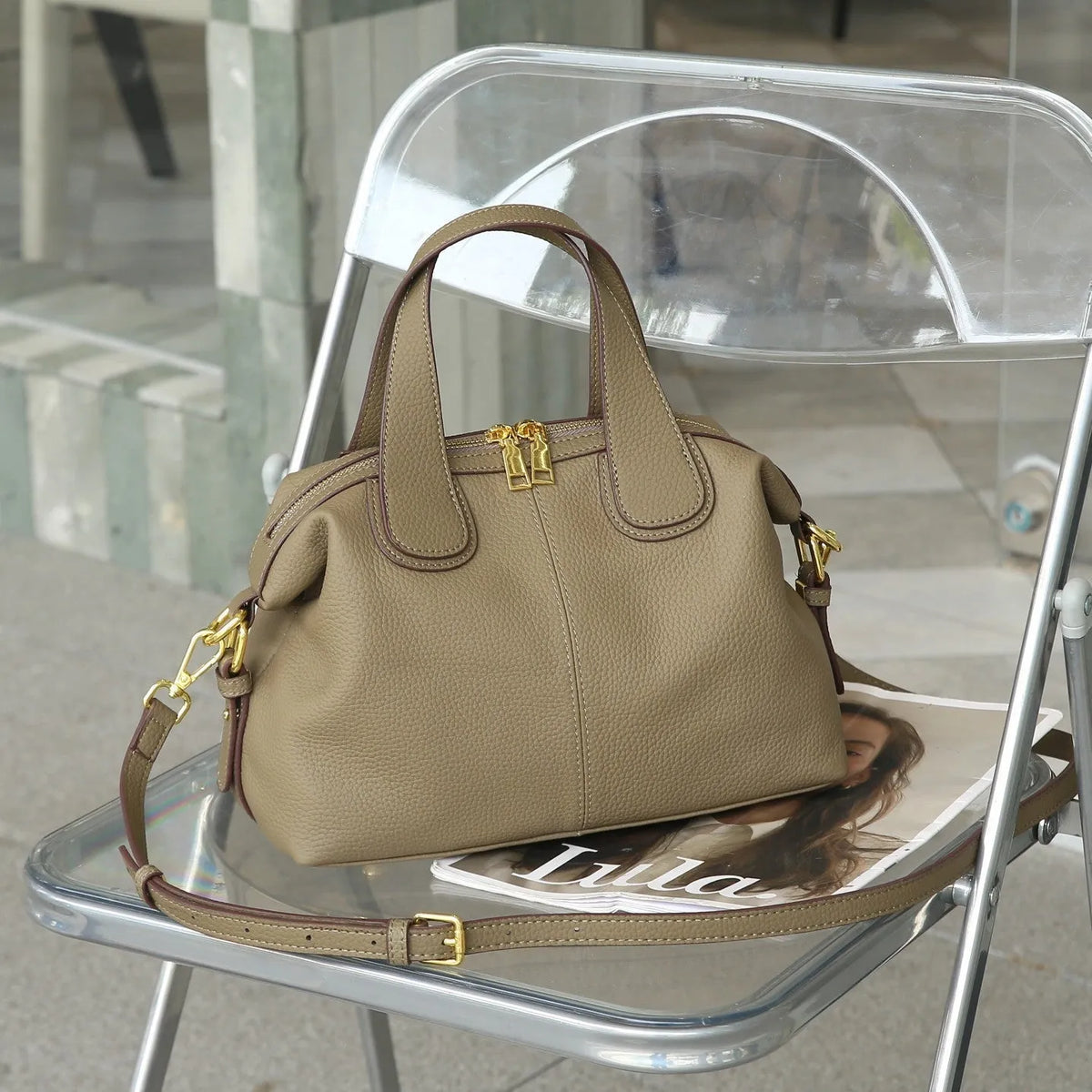Women's genuine leather cross-body shoulder bag in horizontal square design with multiple internal compartments