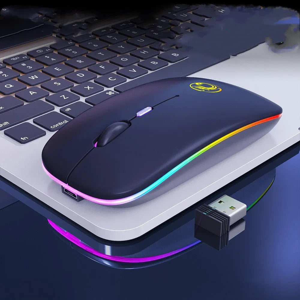 Black or white wireless silent mouse with charging light, dimensions 112x57x25mm, showing adjustable DPI switch.