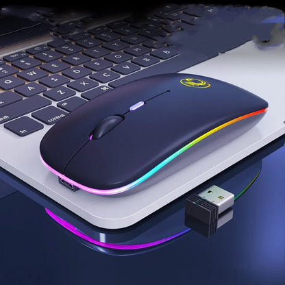 Black or white wireless silent mouse with charging light, dimensions 112x57x25mm, showing adjustable DPI switch.