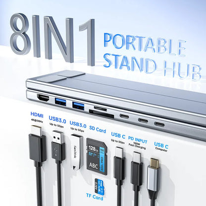 Aluminium alloy folding laptop docking station with multiple ports including HDMI, measuring 24.75cm