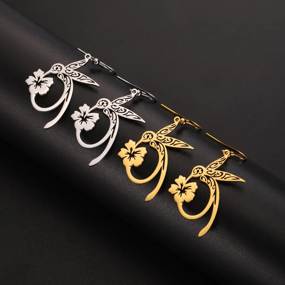 Stainless steel hummingbird earrings with hollow honeycomb design in gold or steel colour