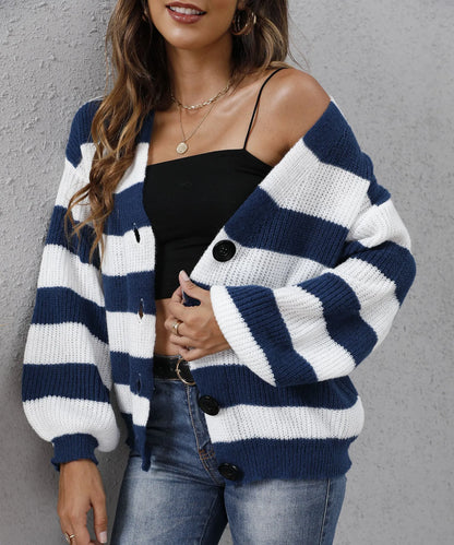 Women's deer plush cardigan with striped pattern and button stitching in blue colour