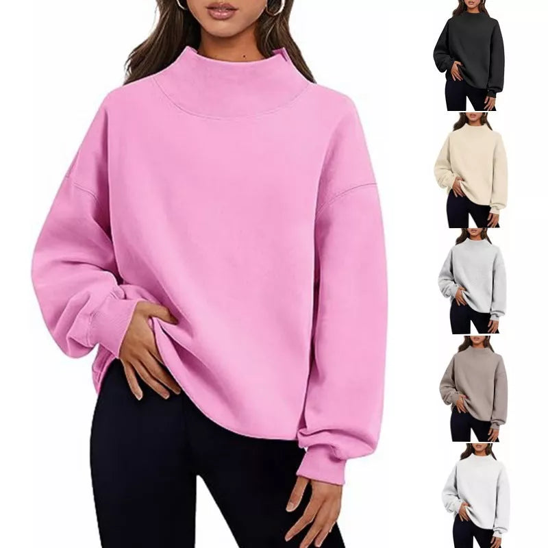 Women's solid color pullover sweatshirt with round neck and loose fit