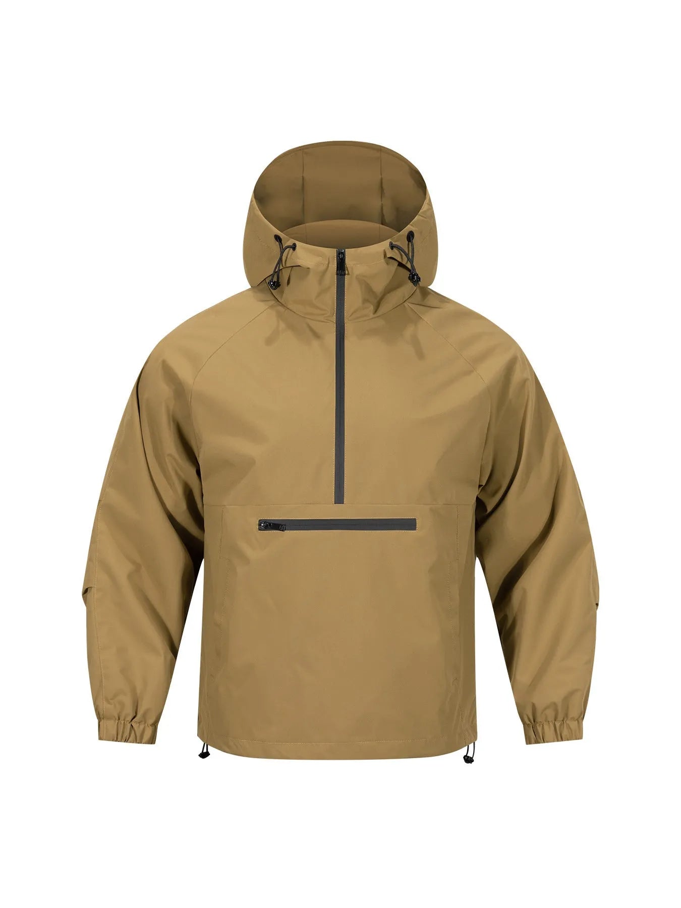 Man wearing a light grey loose-fit half-zip hooded corduroy jacket with rabbit fur.