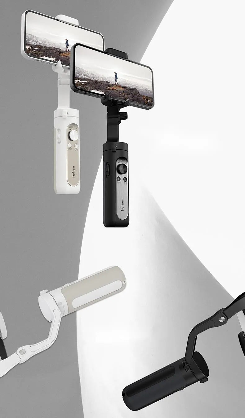 Black or white three-axis mobile phone gimbal stabiliser showing compact folded size.