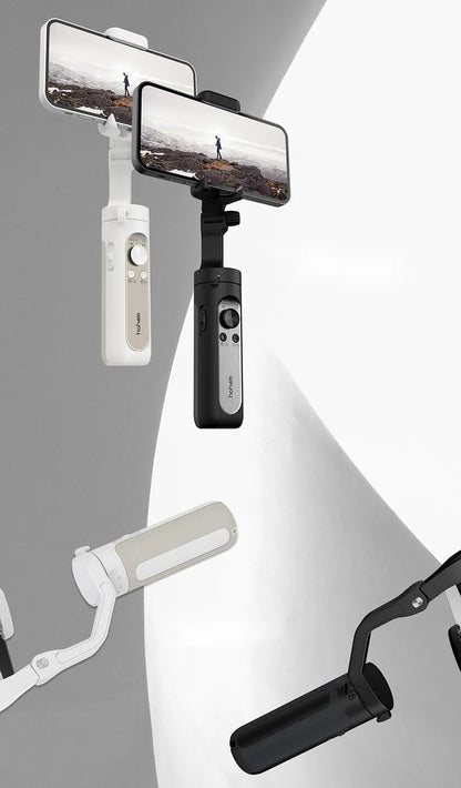 Black or white three-axis mobile phone gimbal stabiliser showing compact folded size.
