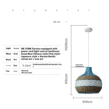Vine woven rattan Silent Wind style pendant lamp with integrated warm white LED light.
